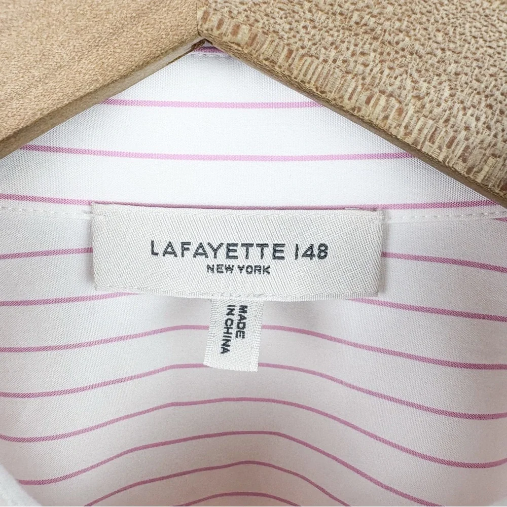 Lafayette 148 New York Striped Button Down Cotton Shirt Pink White Poplin Small - Picture 3 of 5
